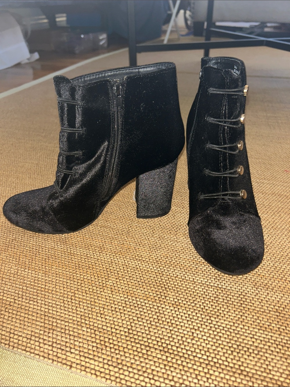 Black Velvet Lace-Up Block Heel Ankle Boots